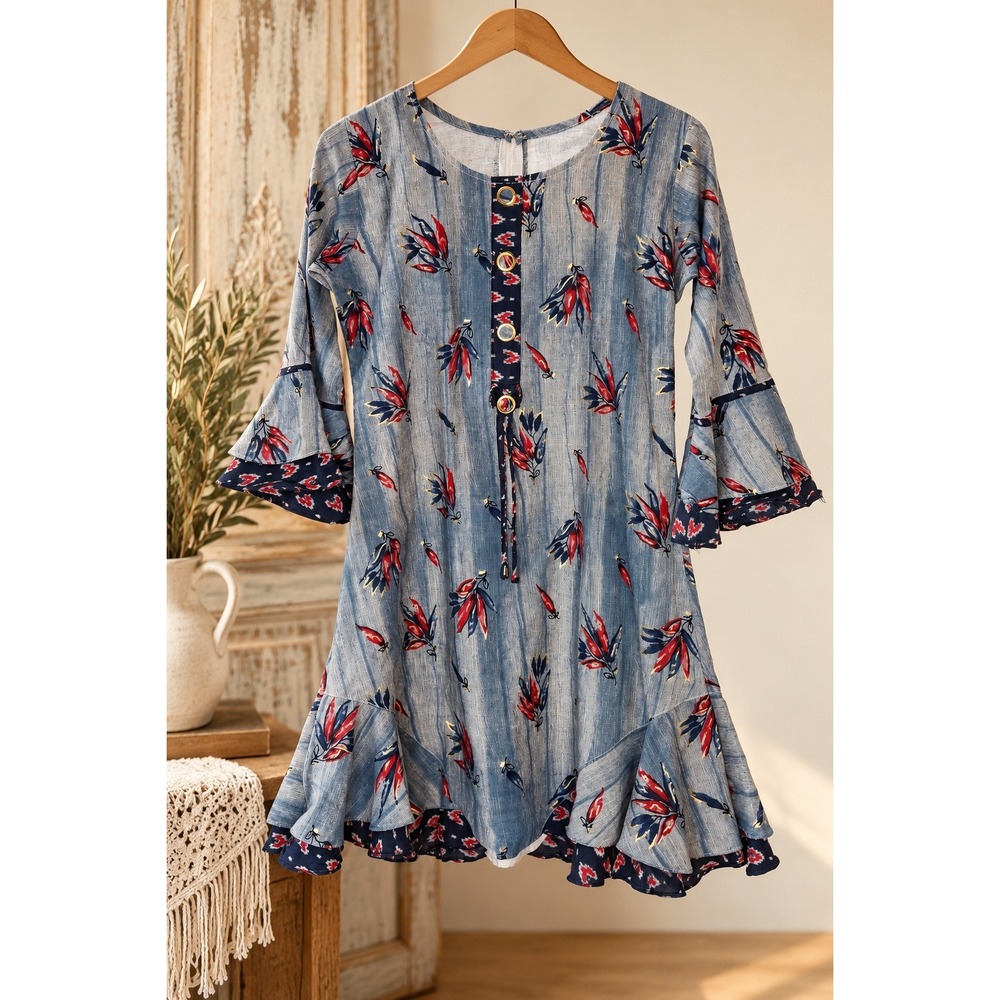 Boho Floral Bell Sleeve Mini Dress Ruffle Hem Indian Tunic Blue Red Size S